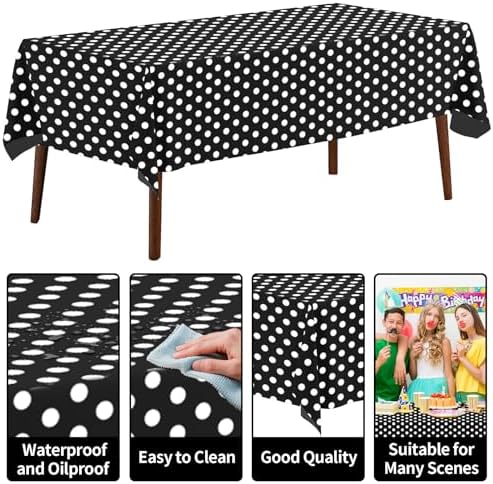 CXPSINC 54 Inch X 300 Feet Plastic Table Cover Roll Disposable Tablecloth with Slide Cutter for All Type/Shape Tables | Party, Banquet, Birthdays, Weddings(Black & White Dot, 300 Feet)