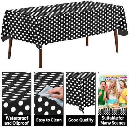 CXPSINC 54 Inch X 300 Feet Plastic Table Cover Roll Disposable Tablecloth with Slide Cutter for All Type/Shape Tables | Party, Banquet, Birthdays, Weddings(Black & White Dot, 300 Feet)