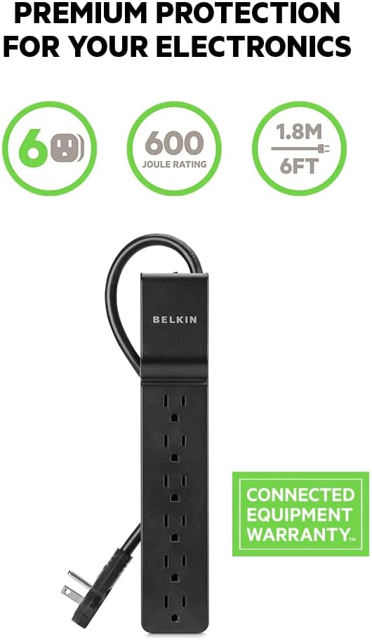 Belkin Power Strip Surge Protector with 6 AC Multiple Outlets - Flat Rotating Plug, 6 ft Long Heavy-Duty Extension Cord for Home, Office, Travel, Computer Desktop & Charging Brick (600 Joules) 3PK
