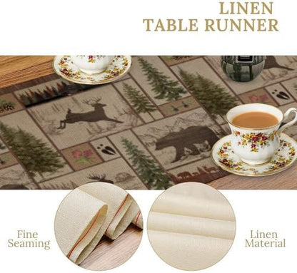 Rustic Moose Deer Bear Table Runner, Retro Vintage Bear Cottage Country Style Cabin Farmhouse Dinner Runner for Home Kitchen Dining Table Decoration 13x36inch