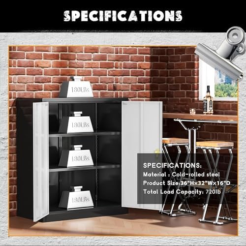 Greenvelly Metal Garage Storage Cabinet, Lockable Metal Cabinets with 2 Doors and Shelves,36” Steel Storage Locking Counter Cabinet for Office,Garage,Kitchen,Home,School(Black Grey)