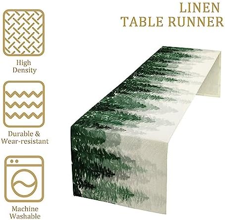 Green Forest Pine Trees Table Runner, Woodland Tabletop Scarf Home Kitchen Holiday Decor, Seasonal Farmhouse Rustic Dining Decorations Party Supply 13 X 70 Inch
