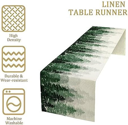 Green Forest Pine Trees Table Runner, Woodland Tabletop Scarf Home Kitchen Holiday Decor, Seasonal Farmhouse Rustic Dining Decorations Party Supply 13 X 70 Inch