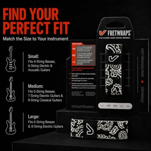 Gruv Gear Fret Wrap & Guitar Mute, Fretwrap for Acoustic, Electric & Bass | String Dampener Recording, Tapping & Practice Accessory (1 Pack, Extra Large Bandana Black, Fits 7-12 String Bass, Extended