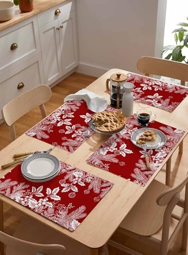 Red Christmas Placemats Set of 6, Floral Pine Leaf Xmas Balls Heat Resistant Washable Table Place Mats White Winter Holidays Cotton Table Linens Party Holiday Decor for Kitchen Dining Outdoor Indoor