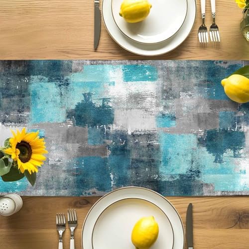 Teal Grey Abstract Art Table Runner Dresser Scarf 13 x 108 Inch Modern Turquoise Color Block Graffiti Table Runners Non-Slip Heat Resistant Kitchen Dining Table Decor for Home Holidays Indoor Outdoor