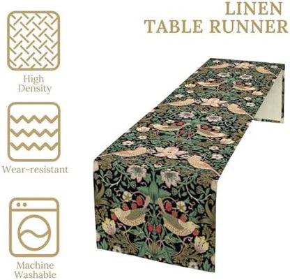 William Morris Floral Table Runner, Vintage Flowers Green Botanical Printed Table Runner for Home Kitchen Dining Table Decoration,13x108 Inch