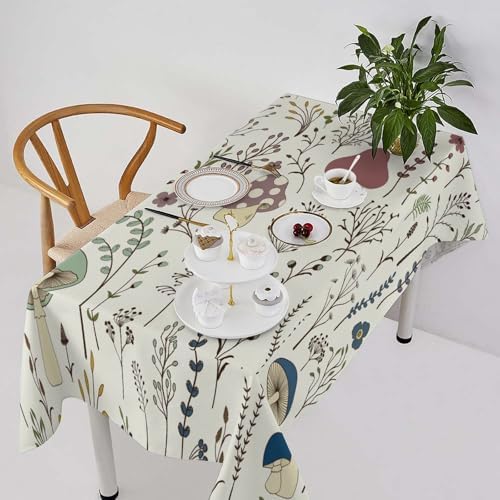 Mushroom Tablecloth, Boho Floral Rustic Wildflower Herbs Plants Colorful Botanical Green Leaves Print Table Cloth for Kitchen Dining Picnic Party Restaurant Decoration 60x110in
