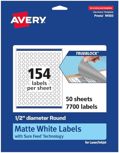 Avery® TrueBlock® Matte White Round Labels, Sure Feed® Technology, 0.5" Diameter, 7,700 Matte White Labels, Print-to-The-Edge, Laser/Inkjet Printable, Great for Product Merchandising Stickers