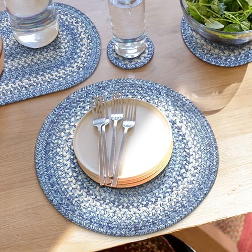 Homespice Denim Braided Placemats Ideal as Table Mats, Round 15" Set of 2