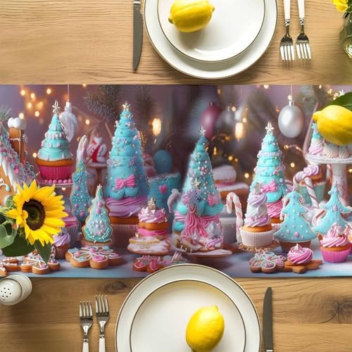 Christmas Table Runner Dresser Scarf 13 x 108 Inch Gingerbread House Gingerbread Man Cake Candy Table Runners Non-Slip Heat Resistant Kitchen Dining Table Decor for Home Holidays Indoor Outdoor