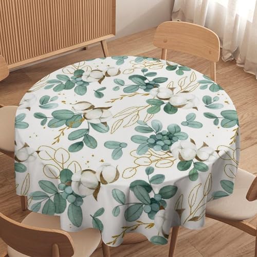 Cotton Flowers Tablecloth, Watercolor Summer Green Golden Eucalyptus Leaves Floral Print Table Cloth for Outdoor Picnic Home Dining Kitchen Table Decor, 70x70in