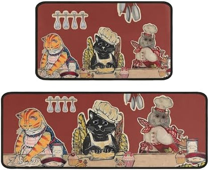 Cat Fat Chef Kitchen Rugs for Floor 2 Piece Sets, Cats Chef Floor Mat for Kitchen, Kitchen Rug in Front of Sink for Standing for Italy Kitchen Decor 17"X30"+17"X47"