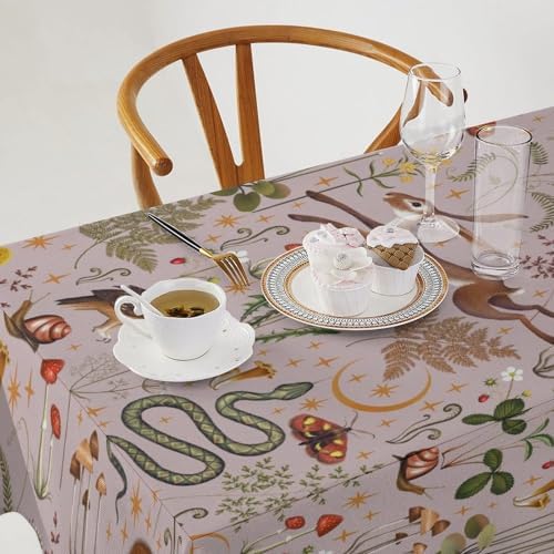 Rustic Forest Tablecloth, Pink Woodland Wild Animal Hare Squirrel Owl Snail Flowers Mushroom Table Cloth for Home Kitchen Dining Outdoor Patio Wedding Decor 55x75in