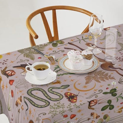 Rustic Forest Tablecloth, Pink Woodland Wild Animal Hare Squirrel Owl Snail Flowers Mushroom Table Cloth for Home Kitchen Dining Outdoor Patio Wedding Decor 55x75in