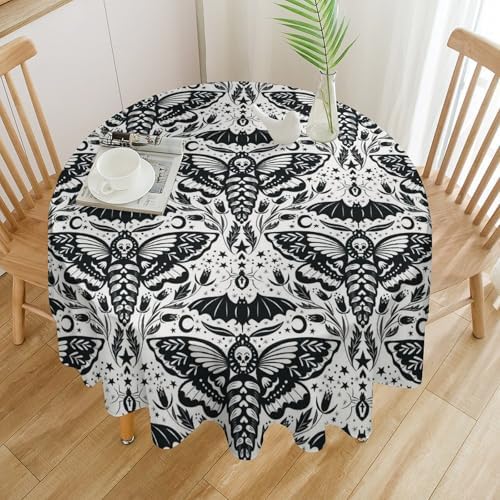 Boho Moth Tablecloth, Gothic Mysterious Halloween Black White Death Butterfly Bat Witch Print Table Cloth for Kitchen Dining Picnic Party Restaurant Decoration, 36x36in