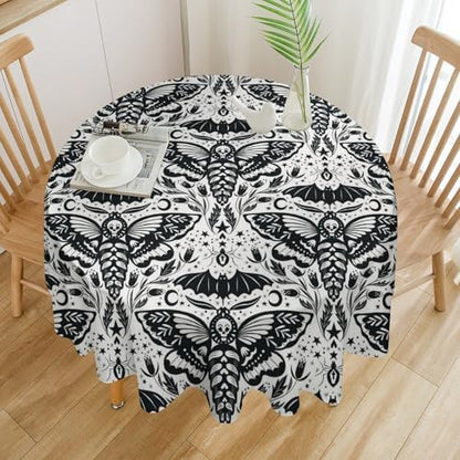 Boho Moth Tablecloth, Gothic Mysterious Halloween Black White Death Butterfly Bat Witch Print Table Cloth for Kitchen Dining Picnic Party Restaurant Decoration, 36x36in