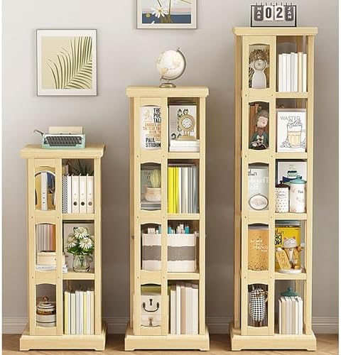 GAMAK Rotating Bookshelf 360 Display 4 Tier Floor Standing Bookcase Small Book Shelf Stand on Wheels Kids Bookshelf and Storage Rack for Small Space (Size : Pine, Color : Four)