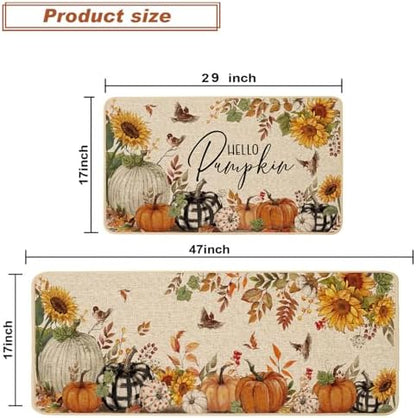 Baccessor Fall Kitchen Rugs Set of 2, Pumpkin Sunflower Kitchen Mats for Floor Washable Low-Profile Farmhouse Autumn Holiday Home Indoor Outdoor Decor 17x29 and 17x47 Inch