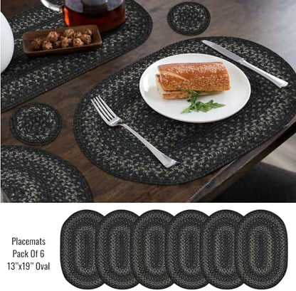 Homespice Jet Black Jute Braided Placemats, Oval 13x19 Set of 6