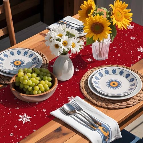 Christmas Snowman Red Table Runner Dresser Scarf 13 x 36 Inch Cute Xmas Snowman Snowflakes Winter Table Runners Non-Slip Heat Resistant Kitchen Dining Table Decor for Home Holidays Indoor Outdoor