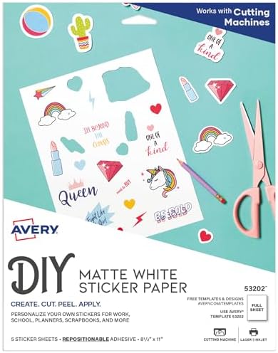 Avery Printable Sticker Paper, 8.5" x 11", Matte White, Repositionable Adhesive, Laser/Inkjet Compatible, 5 Full-Size Label Sheets, Great for Product Branding, Cute Stickers, Crafts, and More (53202)