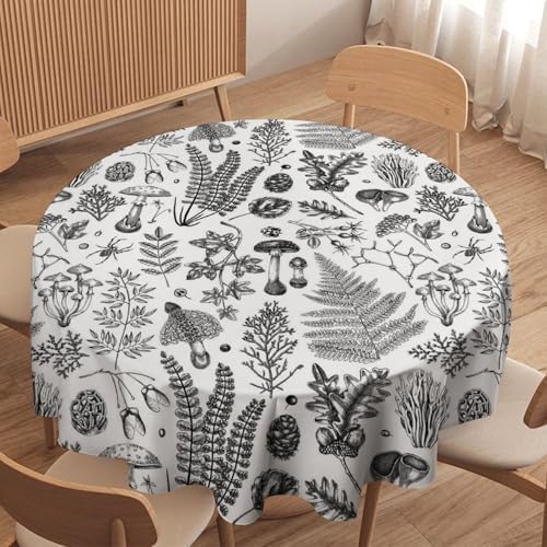 Vintage Mushroom Tablecloth, Black White Nature Forest Fern Leaves Autumn Plants Botanical Print Table Cover for Home Dining Decor Kitchen Party Outdoor, 60x60in