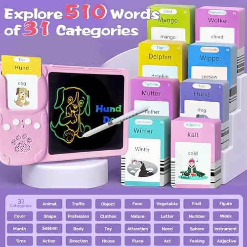 Writing Drawing Tablet with Talking German Flash Cards - Pink