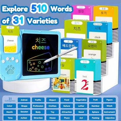 Writing Tablet with Bilingual Flash Cards for Kids, Korean, Blue