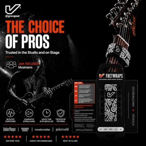Gruv Gear Fret Wrap & Guitar Mute, Fretwrap for Acoustic, Electric & Bass | String Dampener Recording, Tapping & Practice Accessory (1 Pack, Large Bandana Black, Fits 6 String Bass, 8 String Guitar)
