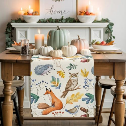 Fall Table Runner Autumn Animal Table Runners Harvest Thanksgiving Owl Bird Fox Leaves Cotton Linen Dresser Scarf Kitchen Dining Table Decor for Autumn Holiday Party Coffee 13x70 Inch