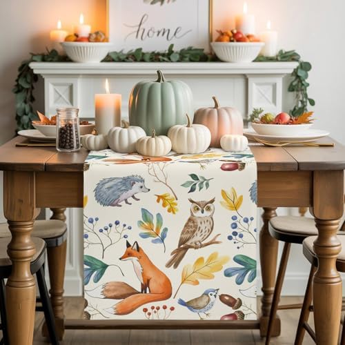 Fall Table Runner Autumn Animal Table Runners Harvest Thanksgiving Owl Bird Fox Leaves Cotton Linen Dresser Scarf Kitchen Dining Table Decor for Autumn Holiday Party Coffee 13x120 Inch