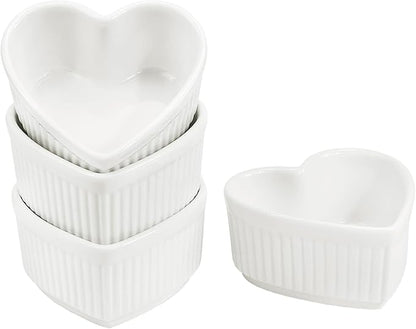 Sizikato Heart-Shaped Porcelain Souffle Dishes, Ramekins - 3.5 Inches for Souffle, Creme Brulee and Dipping Sauces - Set of 4