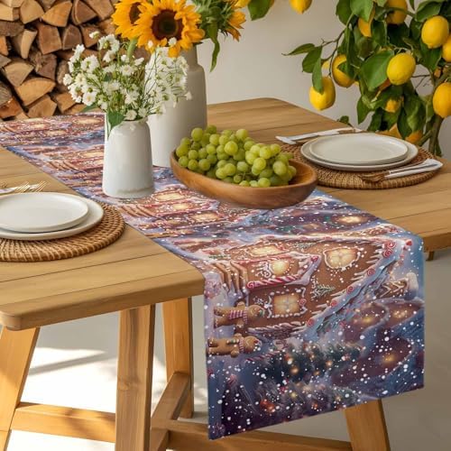 Christmas Table Runner Dresser Scarf 13 x 108 Inch Gingerbread Man House Candy Winter Night Snow Scene Table Runners Non-Slip Heat Resistant Kitchen Dining Table Decor for Home Holidays Indoor Outdoor