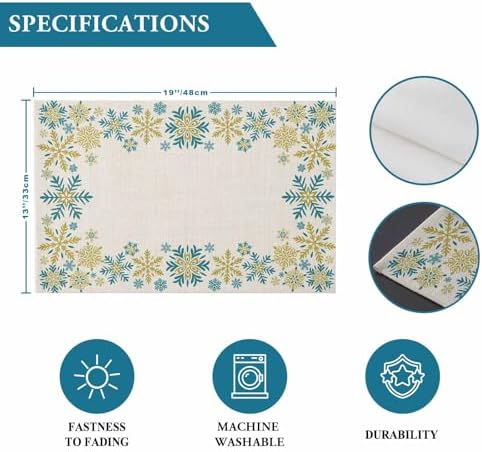 Gold Blue Snowflakes Christmas Placemats Set of 4, Winter Xmas Holiday Heat Resistant Washable Table Place Mats Beige Cotton Table Linens Party Holiday Decor for Kitchen Dining Outdoor Indoor