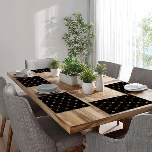 Batmerry Gold Black French Placemats, Flowers Golden Fleur De Lis Black Gold from Art Washable Linen Table Mats for Kitchen Table Double Insulation Decor Dining Set Indoor Outdoor 12X18 in Set of 6