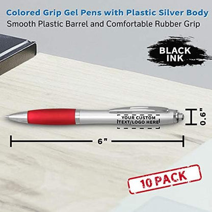 DISCOUNT PROMOS Custom Colored Grip Gel Pens Set of 10, Personalized Bulk Pack - Great for Office, School, Business, Tradeshows, Events - Red