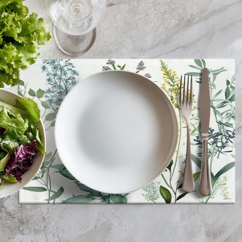 Batmerry Summer Green Sage Linen Placemats Set of 6, Vintage Plant Leaves Elegant Blue Wild Flowers Washable Table Mats for Kitchen Table Thickened Heat Insulation Dining Set Indoor Outdoor 12X18 in