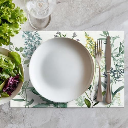 Batmerry Summer Green Sage Linen Placemats Set of 6, Vintage Plant Leaves Elegant Blue Wild Flowers Washable Table Mats for Kitchen Table Thickened Heat Insulation Dining Set Indoor Outdoor 12X18 in