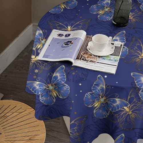 Retro Blue Butterfly Tablecloth, Luxury Golden Blue Butterfly Print Table Cover for Home Dining Decor Kitchen Party Outdoor, 70x70in