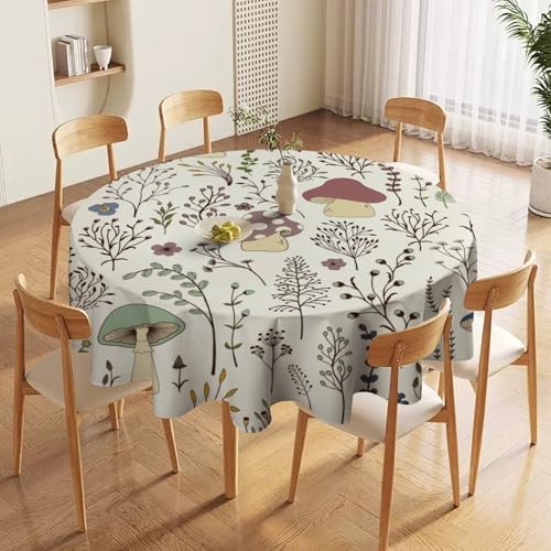 Mushroom Tablecloth, Boho Floral Rustic Wildflower Herbs Plants Colorful Botanical Green Leaves Print Table Cloth for Kitchen Dining Picnic Party Restaurant Decoration, 70x70in