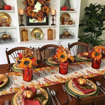 Fall Pumpkin Table Runner Dresser Scarf 13 x 60 Inch Harvest Orange Maple Leaves Table Runners Non-Slip Heat Resistant Kitchen Dining Table Decor for Autumn Thanksgiving Holidays Indoor Outdoor