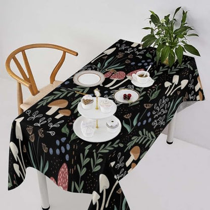 Mushroom Tablecloth, Cartoon Green Leaves Mushroom Wildflower Plant Botanical Herb Nature Garden Print Table Cloth for Home Kitchen Outdoor Party Picnic Wedding Decor 60x120in