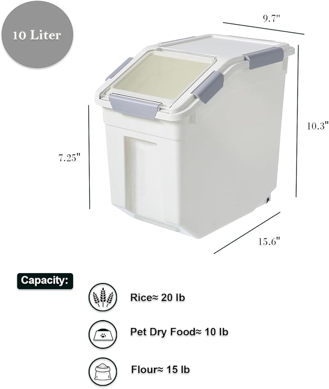 HANAMYA 10 Liter / 20 lbs Rice Storage Container with Measuring Cup, BPA free, For Rice | Grain | Pet Food | Flour, 1 count, White