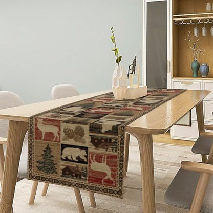 Retro Rustic Table Runner, Vintage Moose Deer Bear Leaf Tree Country Style Farmhouse Cottage Cabin Dinner Table Decoration for Home Kitchen Dining 13"x90"