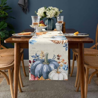 Fall Pumpkin Table Runner Dresser Scarf 13 x 48 Inch Blue Orange Maple Leaf Rustic Table Runners Non-Slip Heat Resistant Kitchen Dining Table Decor for Autumn Thanksgiving Holidays Indoor Outdoor