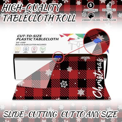 CXPSINC 54 Inch X 100 Feet Plastic Table Cover Roll Disposable Tablecloth with Slide Cutter for All Type/Shape Tables | Party, Banquet, Birthdays, Weddings(Red Checkered Snowflake, 100 Feet)