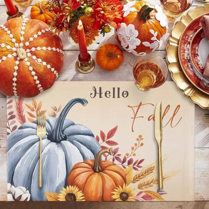 Fall Placemats Set of 4, Hello Fall Pumpkin Place Mats Maple Leaves Sunflower Bird Tablemats Harvest Thanksgiving Placemat Table Decoration for Kitchen Table Holiday Dinner Party Autumn Home Decor