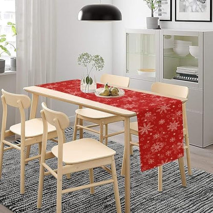 Red Snowflakes Christmas Table Runner, Seasonal Winter Holiday Kitchen Dining Table Decoration for Home Party Decor 13x60 Inch