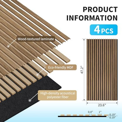 Art3d 47 x 23.6 Inch Acoustic Wood Slat Wall Panel, 4-Pack, Deep Walnut